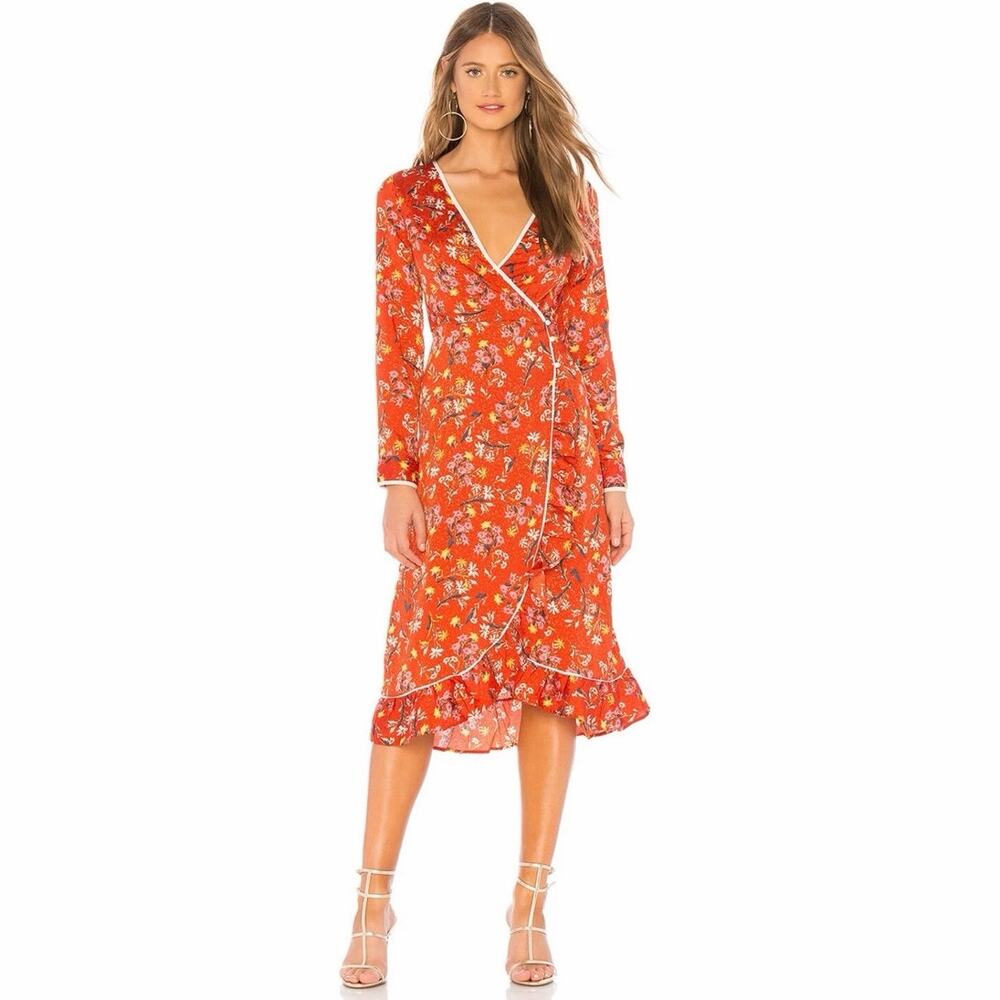 Free People Covent Garden Floral Print Red Ruffle Midi Dress Size 2 Fall Boho